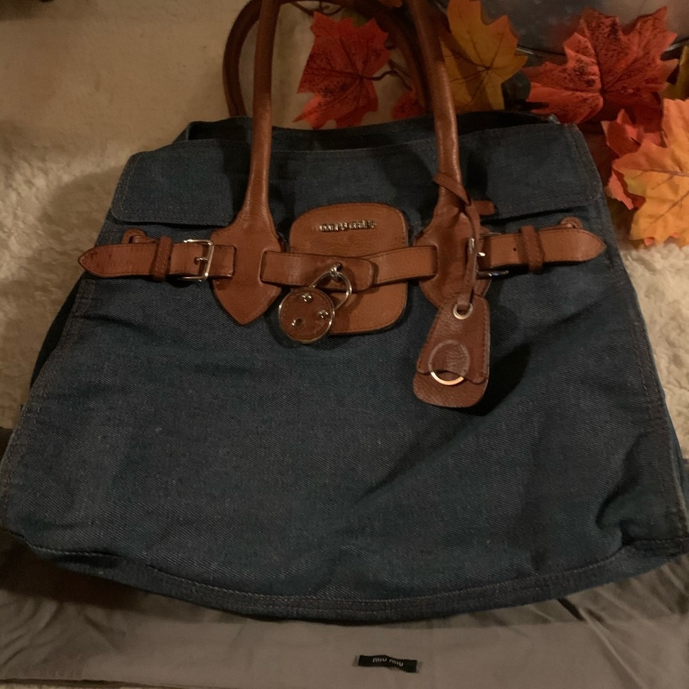 💯Miu Miu Dark Blue Denim Brown Leather Satchel